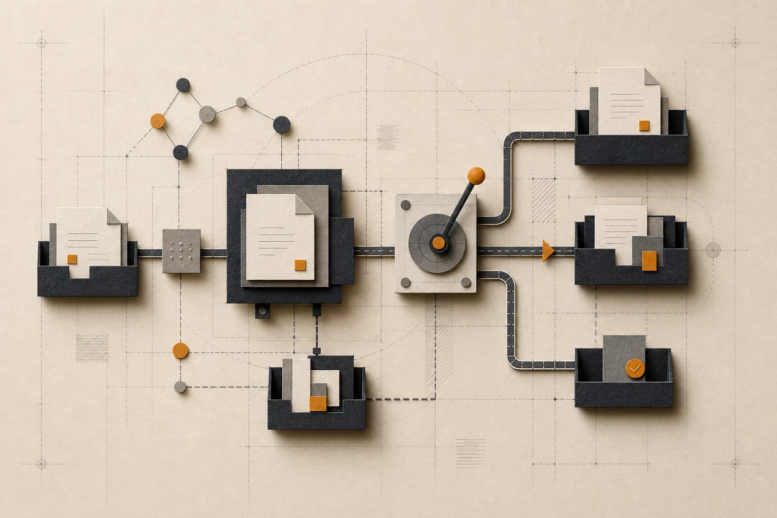 Documents and data nodes moving through an automated workflow with a visible human approval gate.