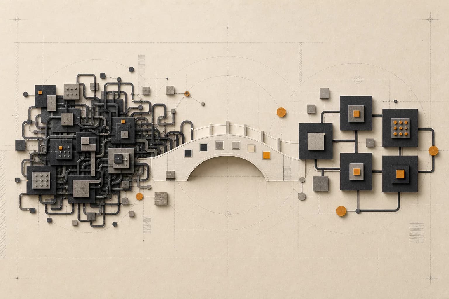 A dense fragile mechanism crossing a bridge and becoming a clean modular software system.