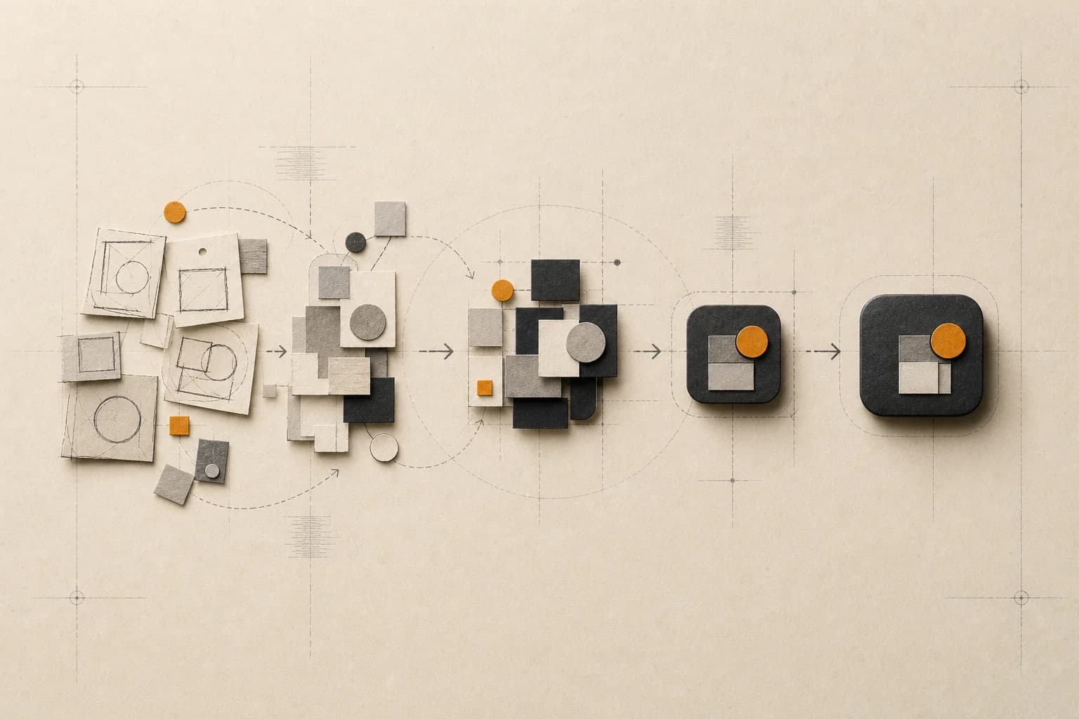 Rough prototype shapes progressing across a drafting surface into one focused launch-ready product.