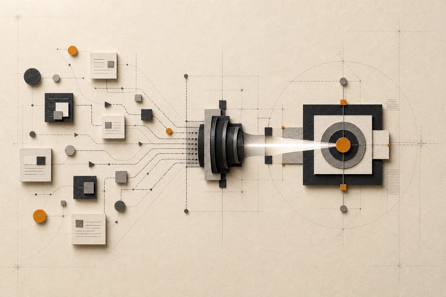 A focused search beam aligning several brand and website signals toward one clear destination.